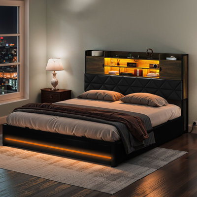 PU Upholstered Platform Bed With 4 Storage Drawers & LED Bookcase Headboard by Ivy Bronx