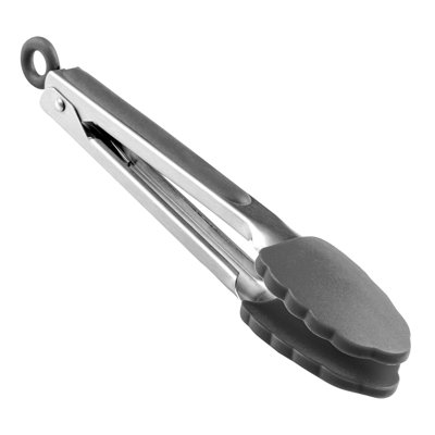 Pince de cuisine 9 pouces, 1 pince pour aliments durable - Tête de silicone festonnée en silicone, Poignée avec repose-pouce, Acier inoxydable gris, pour la cuisine, lavable au lave-vaisselle, avec verrou Easy-Pull