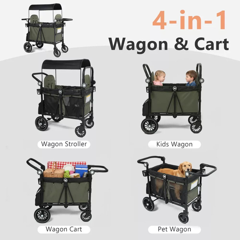 Folding Wagon Stroller for 2 Kids, Adjustable Handle, All-Terrain Shock-Absorbing Wheel, Detachable Tray, Diaper Bag, Black-Green