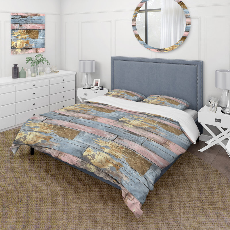 Ensemble de housse de couette Blush Blue and Gold Wood Plank I - Country, Housse de couette très grand + 2 taies décorativ