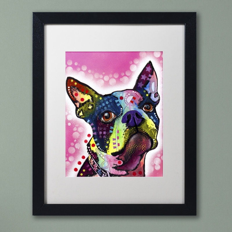 « boston terrier », reproduction d’art sur toile encadrée, H 20 po x l 16 po x P 0,5 po, Blanc, Cadre noir