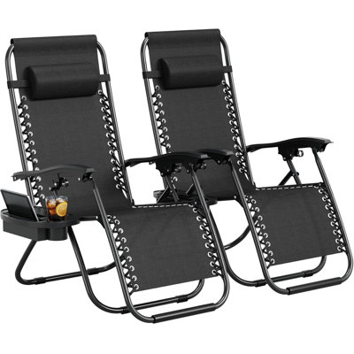 Ensemble de 2 chaises avec plateau-coussin et porte-gobelet. Méridienne inclinable réglable. Chaise de camping pliante portative pour terrasse. Plage. Cour. Jardin