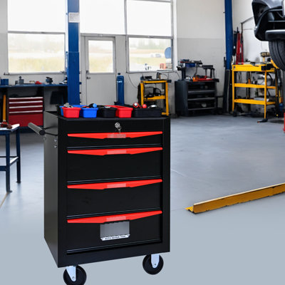 Coffre à outils roulant de 20 po avec 4 tiroirs - glissières à roulement, boîte en acier noir et rouge, espace supplémentaire, 4 glissières d'armoire pivotantes en métal, acier, roues universelles, rangement pour outils verrouillable