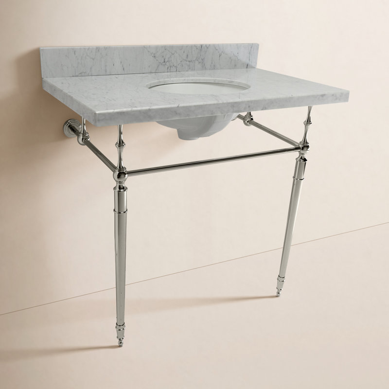 Lavabo de salle de bain console rectangulaire en céramique avec trop-plein Edwardian, Marbre blanc / nickel poli