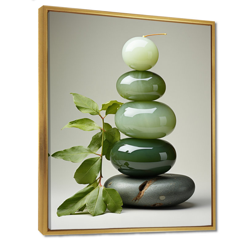 Green Zen Spiritual Stone 3 - Spiritual Stone Wall Art, Gold Floater Framed, 32" H x 24" W x 1" D