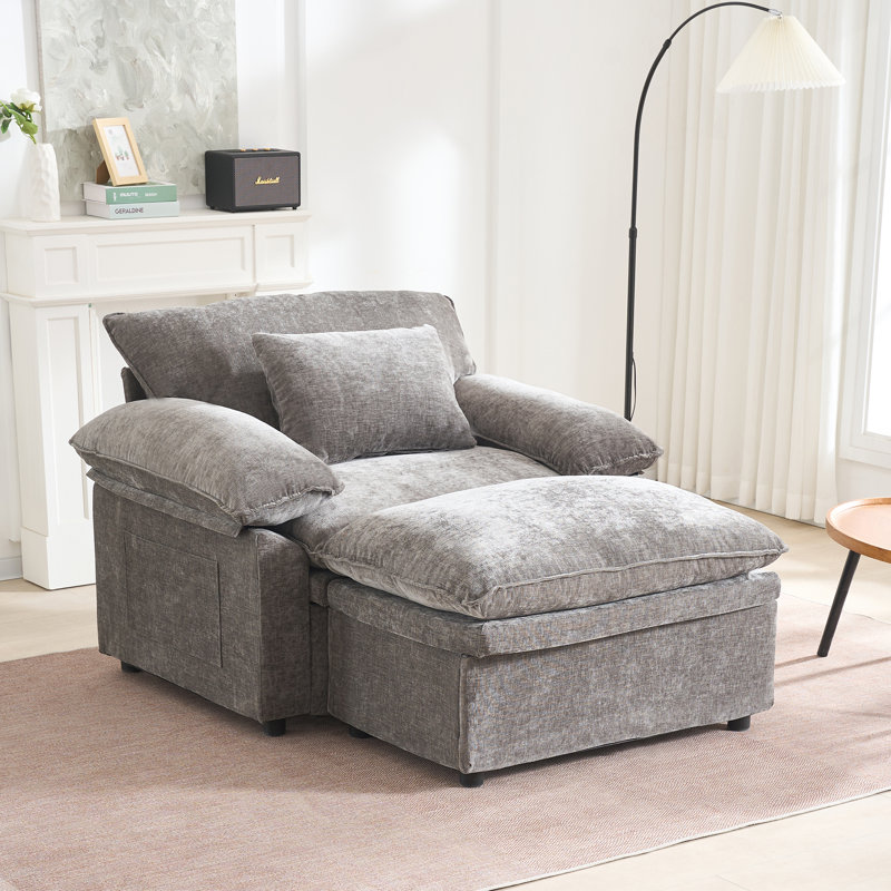 Modern Comfy Accent Chair with Ottoman Set Oversized 48.4" Chaise Lounge Chair Indoor with Foot Rest Armchair with Storage Single Sofa Couch Chenille Oversized Reading Chair for Living Room