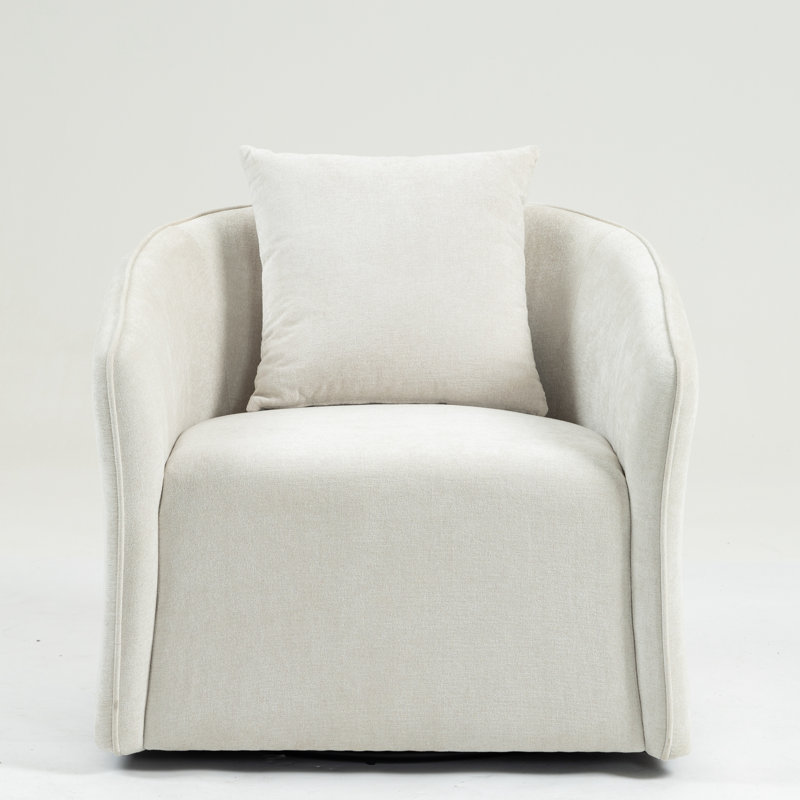 30.25''Wide Upholstered Swivel Armrest Barrel Chair With Pillow, Cream Polyester Blend