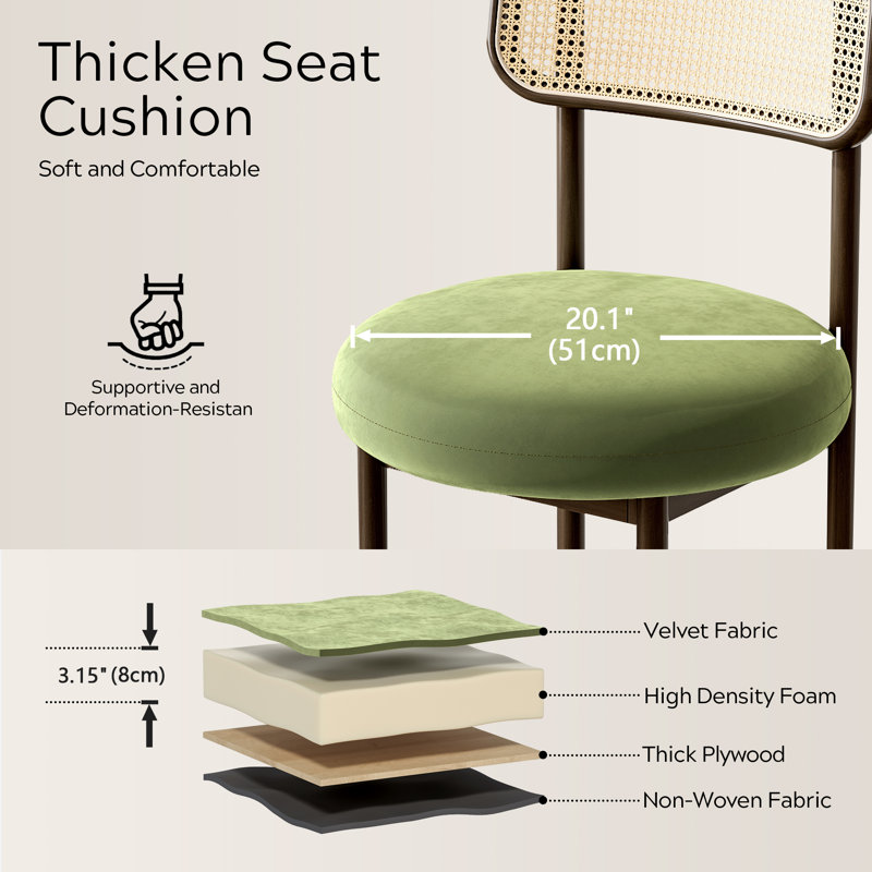 Walnut and Green Velvet Mid-Century Modern Rattan Side Chair Set