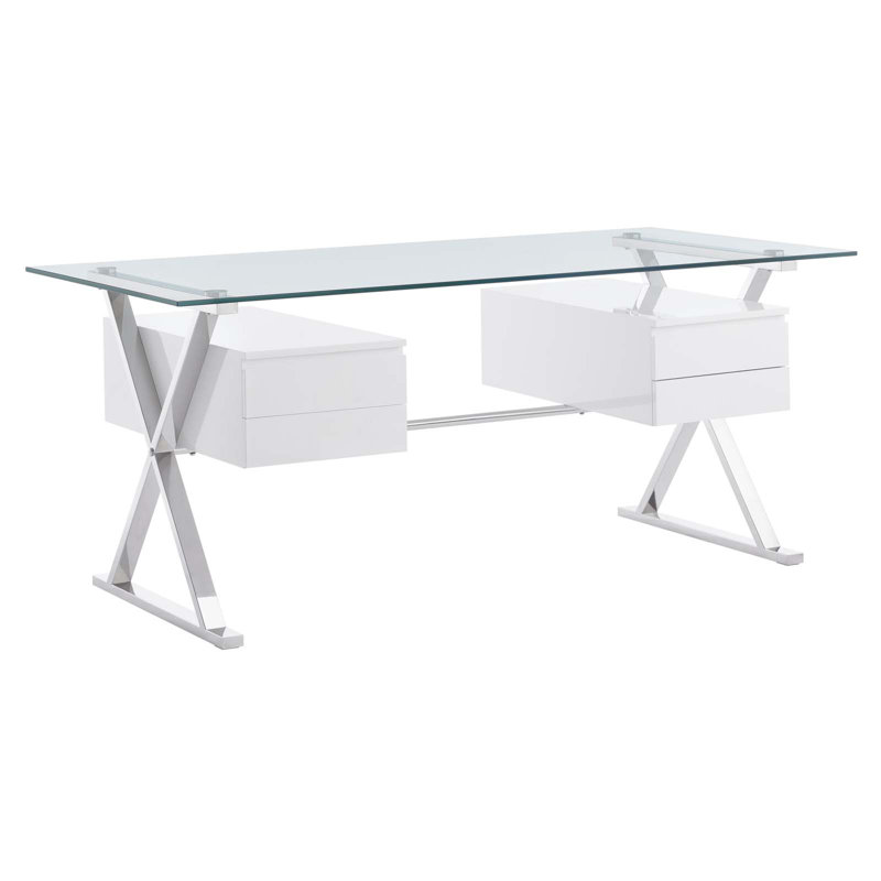 Elegant 71" White Glass Desk with Floating Drawers & Steel Frame