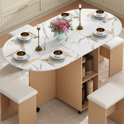 Ensemble de table de salle à manger pliante 5 pièces pour 4, table à abattants de 60 po avec 4 chaises en cuir, tablettes de rangement et roulettes verrouillables, grande table de cuisine pliable ovale pour petits espaces