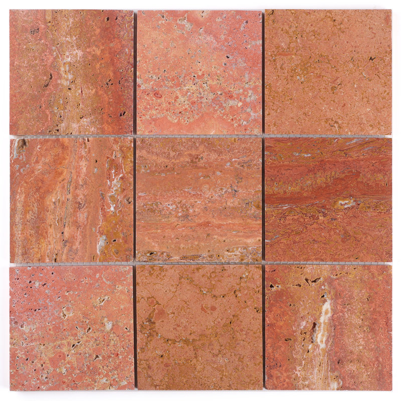 Natural Travertine Polished Square Grid Mosaic Wall & Floor Tile, Red
