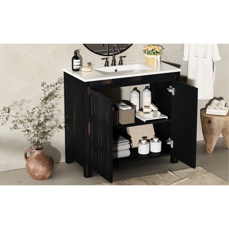 Meuble-lavabo de 36 pouces avec lavabo, look rétro, bois massif et fermeture en douceur, poignées cachées, fabrication artisanale, construction vieillie, espace de rangement généreux