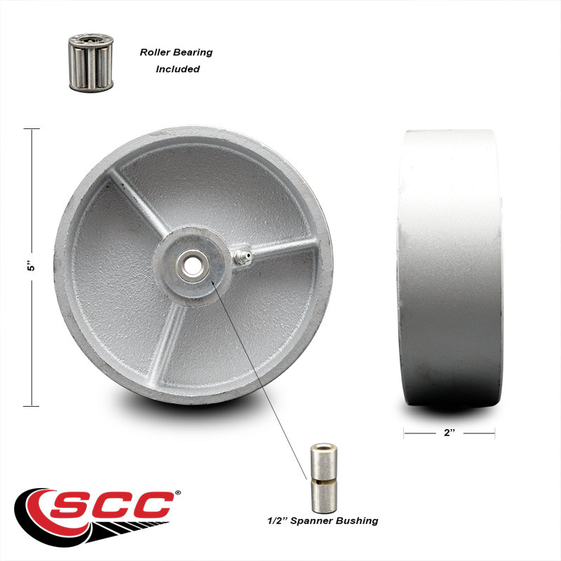 SCC-Roue en fonte semi-acier de 5 po seulement avec roulement à rouleaux - Alésage de 1/2 po - 1000 lb vide
