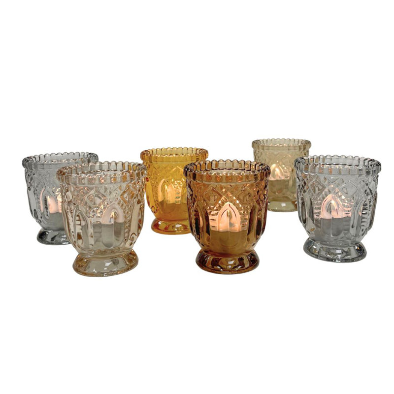 Set of 6 Earth Tone Vintage Glass Candle Holders with Diamond Facet Detailing
