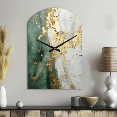 Or et vert peinture fusion - peinture abstraite arche horloge murale en métal, beige horloge asymétrique