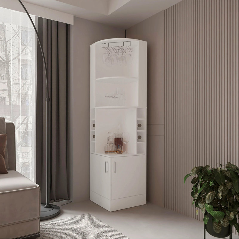 Armoire de coin blanche avec rangement pour bouteilles de vin et porte-verres