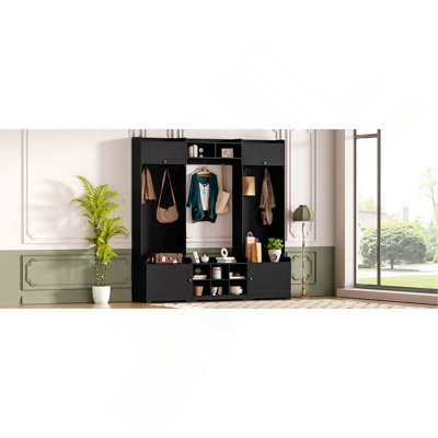 79.1''Wide Modern Hall Tree With Shoe Storage, 4-In-1 Entryway Bench With 8 Cubbies, 7 Coat Hooks & Adjustable Shelf For Hallway, Living Room