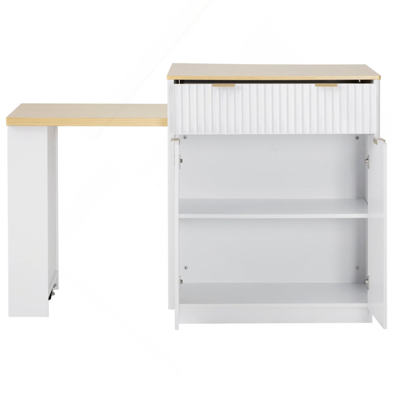 82.6" Fluted Kitchen Island with Extendable Dining Table for 4-6, Island Table for Kitchen with Power Outlet, Kitchen Table with Double-Side Storage, 2 Drawers 2 Side Open Shelves