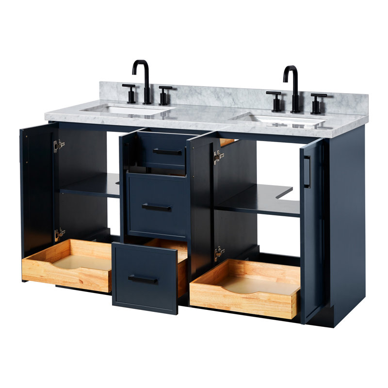 Ariel Kelly 61 Inch Double Rectangular Sink Bathroom Vanity With Italian Carrara Marble Countertop, Midnight Blue