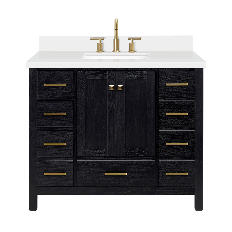 Grevera X P 22 po P x 36 po Coiffeuse en H avec comptoir en quartz blanc avec lavabo, Rectangular, Chêne noir / laiton satiné