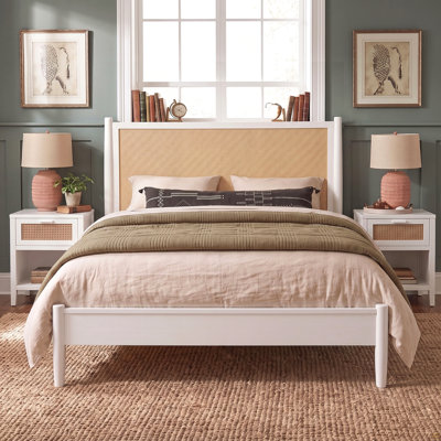 Queen Size Platform Bed Frame with Rattan Headboard, Wicker Bed with Wooden Slats Support,Boho Coastal Style, No Box Spring Needed, White