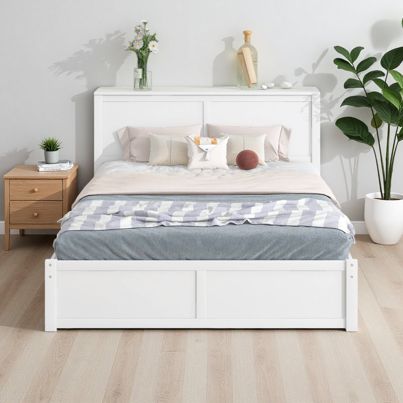 Grand lit plateforme avec rangement et tablettes gigognes, Grand lit