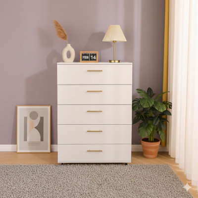 White Five-Drawer Dresser With Handles – Modern Storage Cabinet.