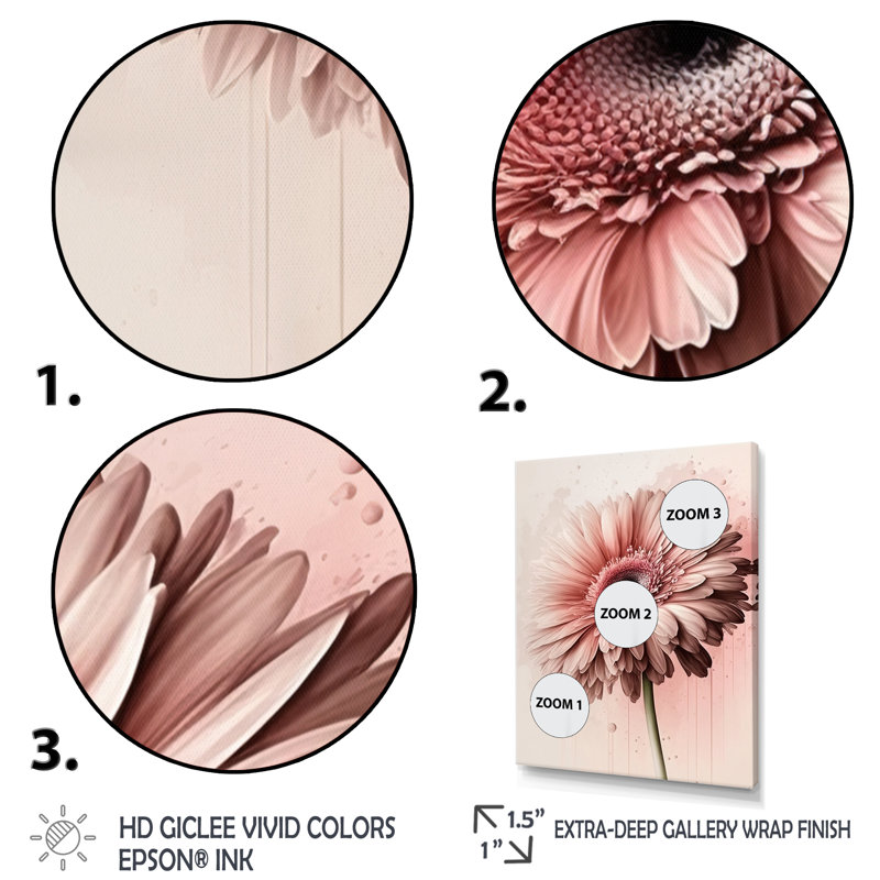 «Pink Gerbera Flowers II», reproduction sur toile, L 16 po x H 32 po, Toile avec cadre flottant or