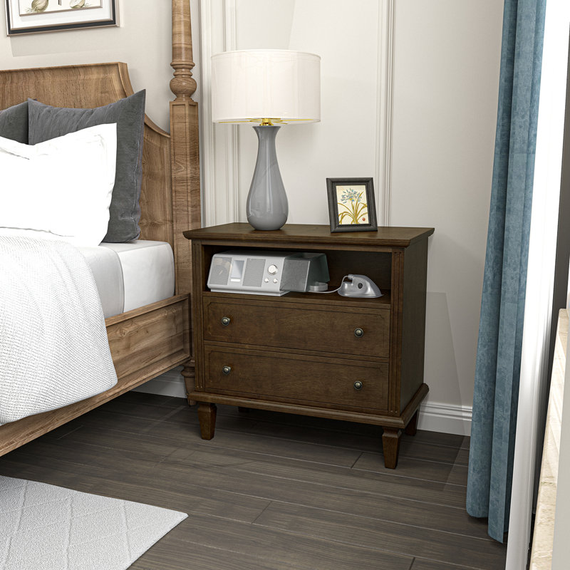 28.3" W 2-Drawer End Table with Charging Station, Walnut