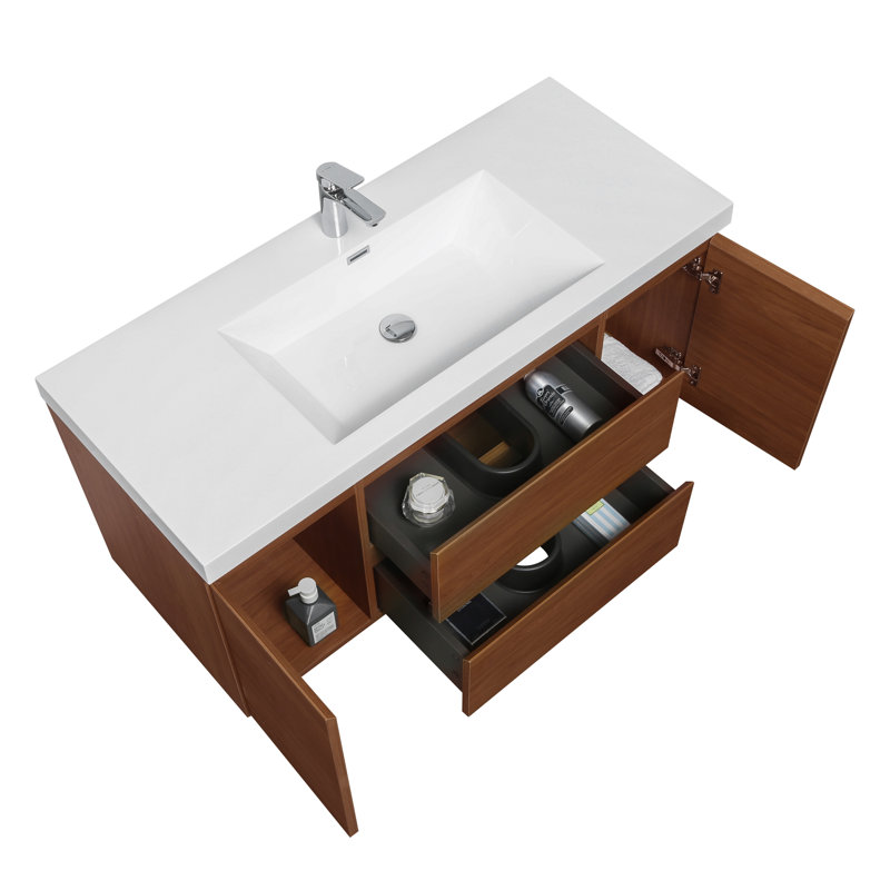 Meuble-lavabo mural de 48 po avec comptoir en surface solide, armoire en bois de noyer doré miel avec tiroirs à fermeture douce