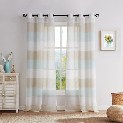 Stripe Sheer Color Block Window Curtain Panel Linen Window Treatment For Bedroom Living Room Farmhouse With Grommets 2 Panel Rustic Drapes