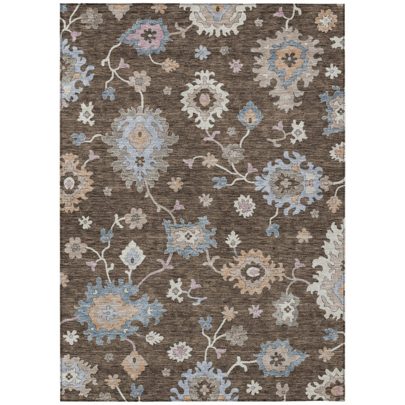 Tapis intérieur lavable floral beige et bleu 9 pi x 12 pi chocolat