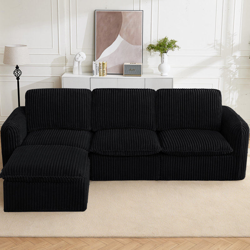 Canapé modulaire avec repose-pieds Boneless, Velours côtelé noir