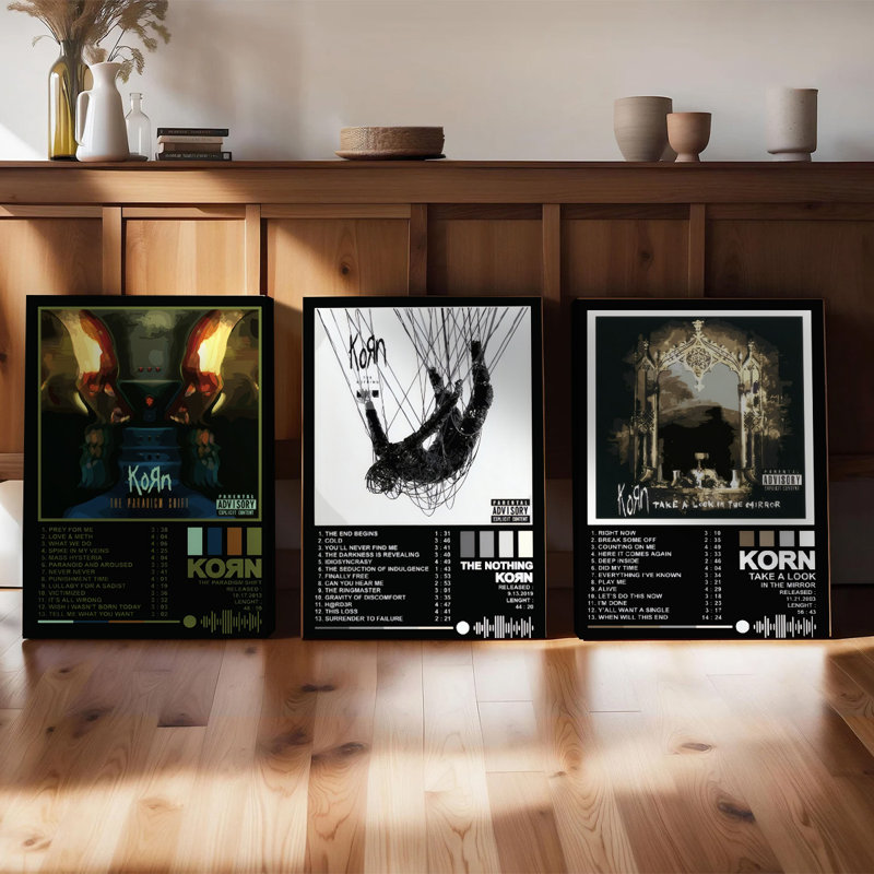 Ensemble de 3 affiches encadrées, reproductions sur toile des pochettes d'albums de Korn : The Paradigm Shift, The Nothing, Take a Look in the Mirror. Décoration murale idéale pour la chambre ou le salon. Cadeau parfait pour les amateurs de rock.