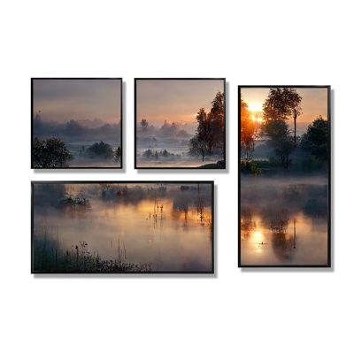 «Morning Fog Over The Lake Sunset III», reproduction d'art sur toile jaune 4 pièces