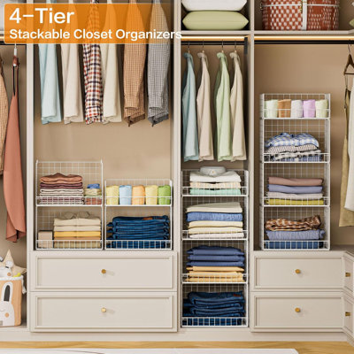4 Tier Stackable Closet Organizers and Storage Shelves, Foldable Closet Shelf Organizer System, Stackable Storage Bins Drawers for Clothes Organizer S