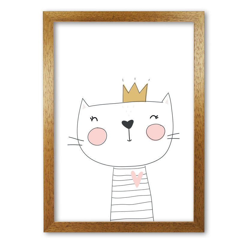 Scandi Cute Cat With Crown - Painting, 42 cm H x 30 cm W x 5 cm D, Honey Oak Frame