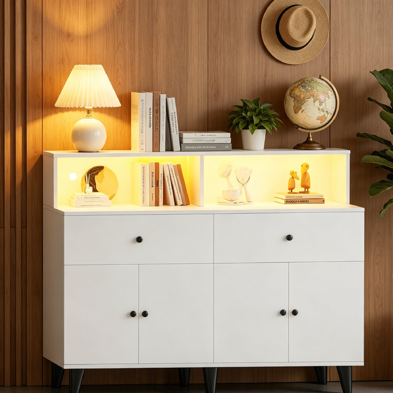 Armoire de cuisine moderne avec prises de courant et lumière DEL - Buffet autoportant de 47,2 po, tablettes réglables, tiroirs, huche de table basse pour le salon ou la salle à manger.