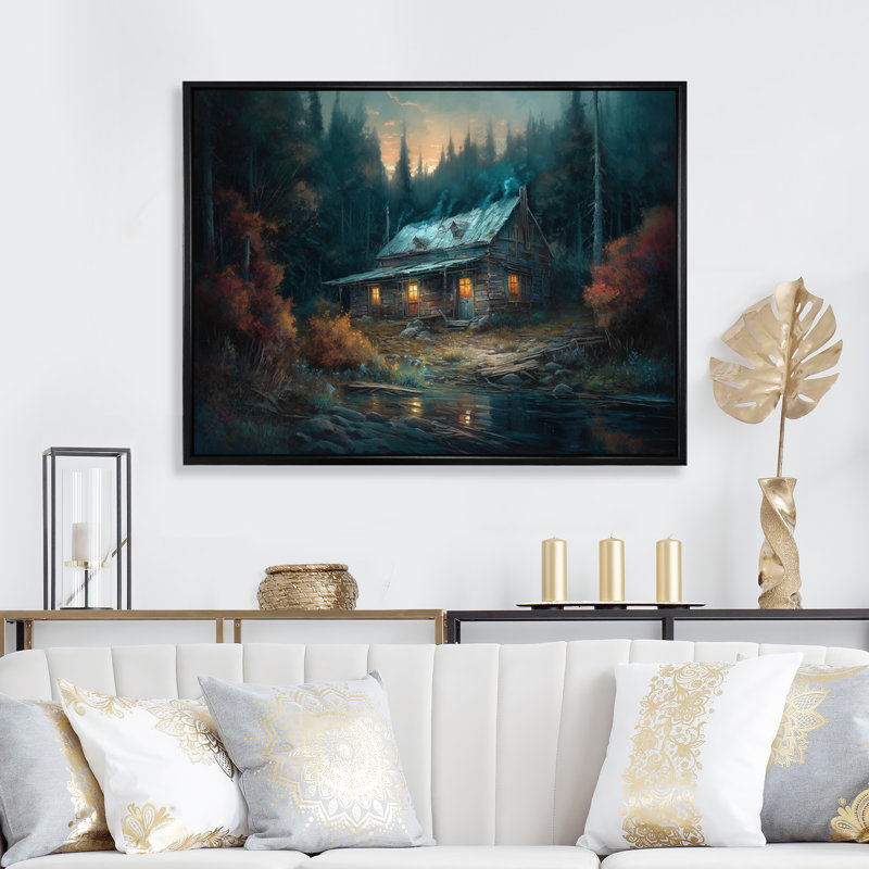 Cabine dans les bois - art mural sur toile forêt, H 34 po x l 44 po x P 1,5 po, Cadre flottant noir
