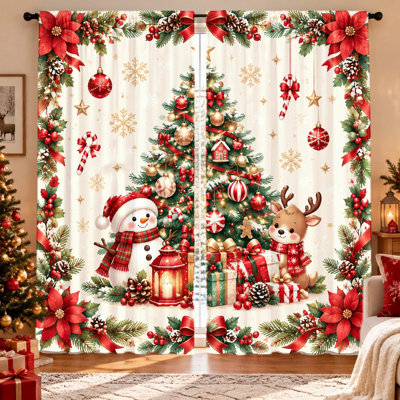 Rideaux de Noël (lot de 2) à motifs sapin, bonhomme de neige et renne, en tissu occultant, préservant votre intimité, avec œillets pour tringle, lavables à la machine, parfaits pour le salon, la chambre, le balcon, la cuisine et la décoration intérieure. Un incontournable pour les fêtes !