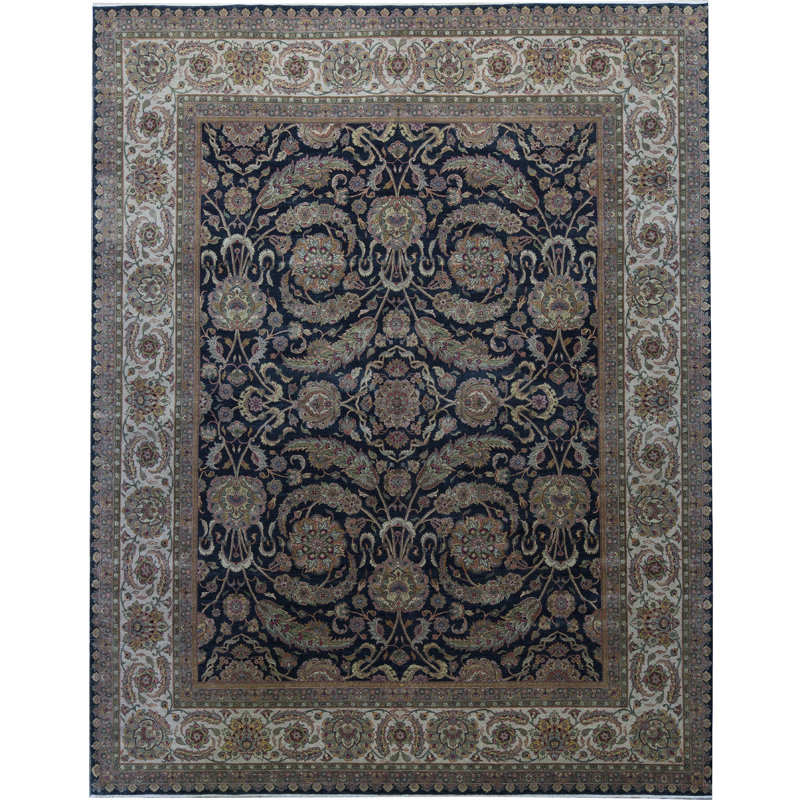 Tapis noir et ivoire noué à la main de haute qualité