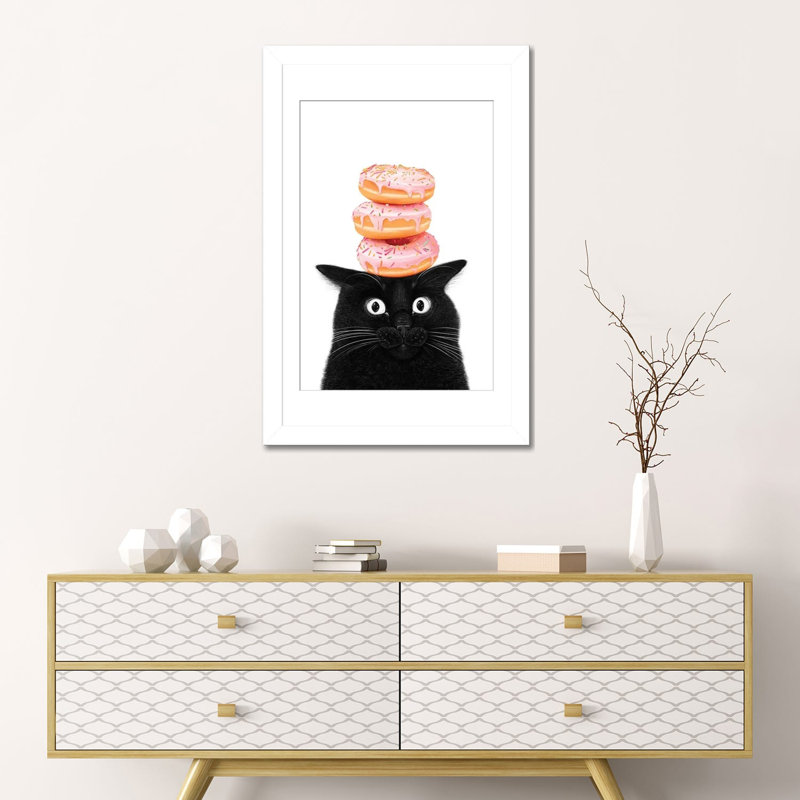 «Black Cat With Donuts», reproduction d'art sur papier encadré, 24" x 16", Papier encadré, White