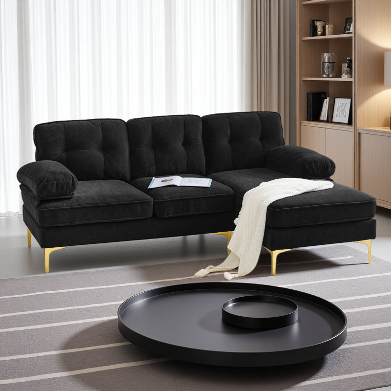 Canapés modulaires modernes en velours de 82,6 po en L pour salon, chambre à coucher, Noir