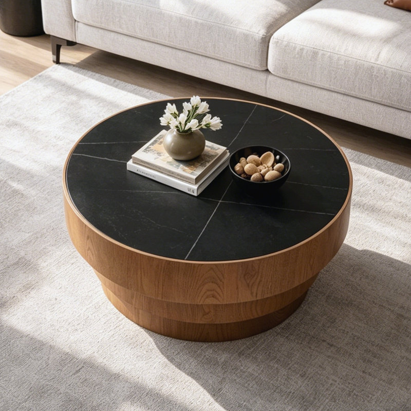 Table basse ronde de 31,5 po avec plateau en pierre frittée - Panneau de fibres à densité moyenne avec base à niveaux en placage de bois, table basse moderne à profil bas pour le salon
