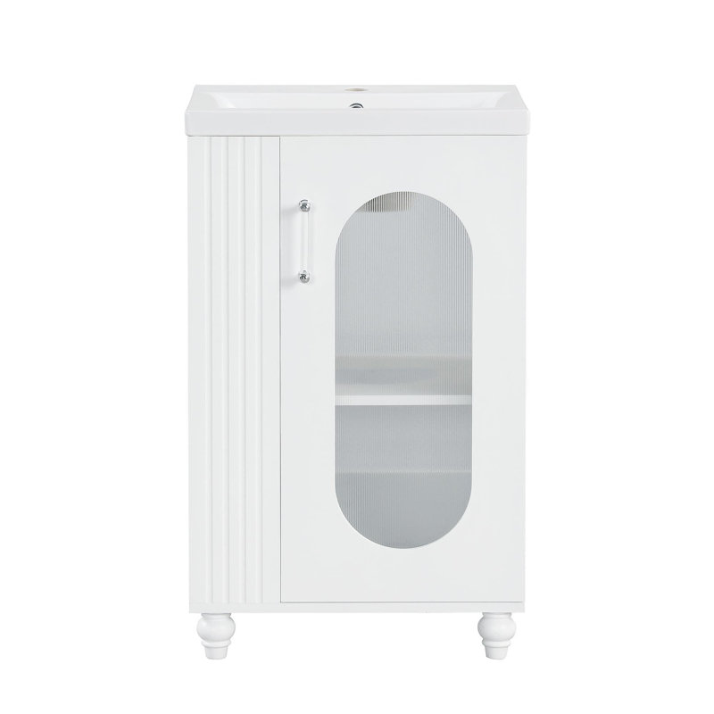Meuble-lavabo de 20 po avec lavabo, meuble-lavabo avec tablette à deux niveaux, tablette réglable, bois massif et panneau de fibres à densité moyenne, blanc (ancien numéro: WF322518AAK)