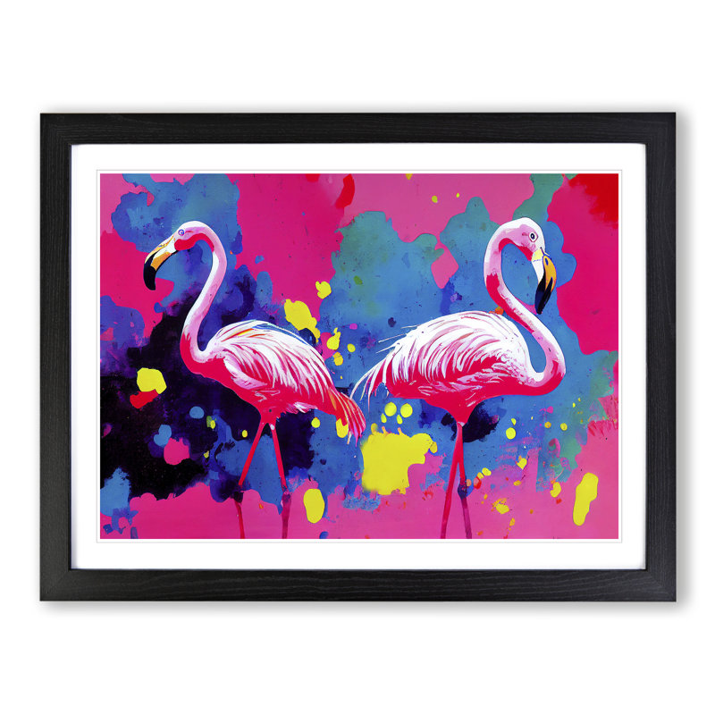 Flamingo Splash - Single Picture Frame Print, Black, 25cm H x 34cm W x 2cm D