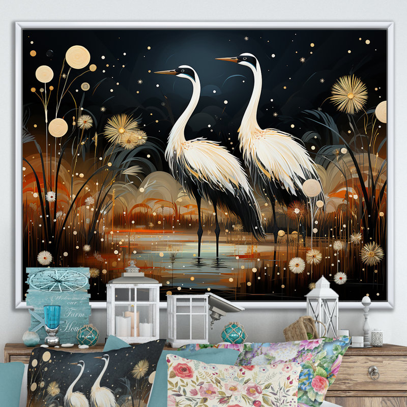 «Mystic Ostriches Silhouettes By The Pond», reproduction sur toile, Cadre flottant blanc, H 12 po x l 20 po x P 1 po