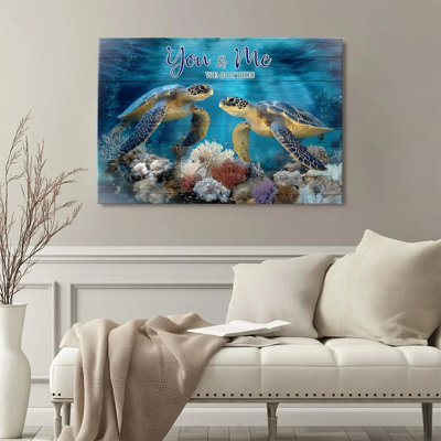 Framed Wall Art For Living Room Modern Canvas Art Wall Decor Print Painting Prints Pictures Turtle couple, coral reef underwater world, realistic mari