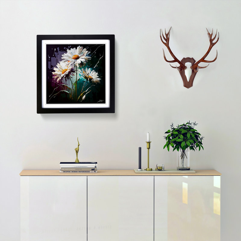 Daisy Palette Knife Painting - Framed Print, Black