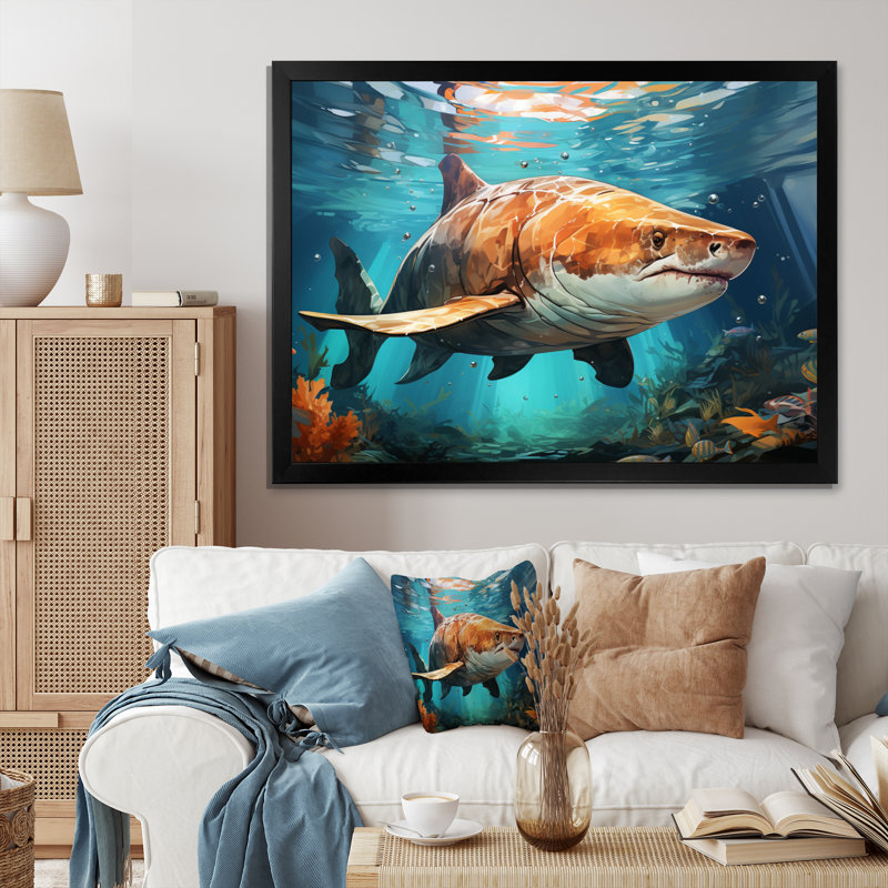 " Grey Teal Shark Underwater Symphony ", 12" H x 20" W, Black Picture Framed